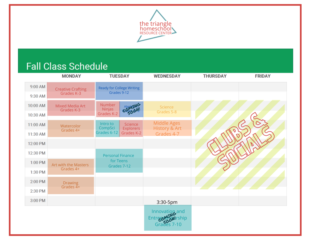 Fall Calendar Spreadsheet of homeschool classes in Garner, North Carolina