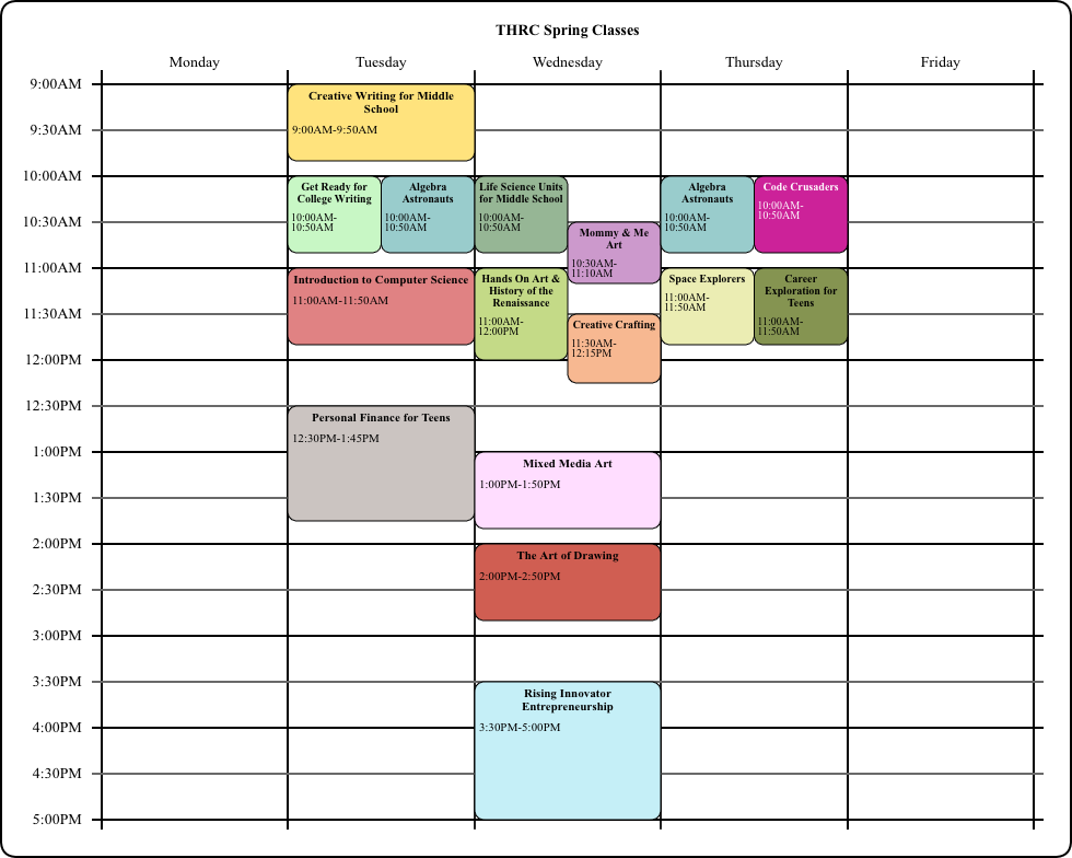 Spring 23 homeschool classes in Garner. Schedule view.