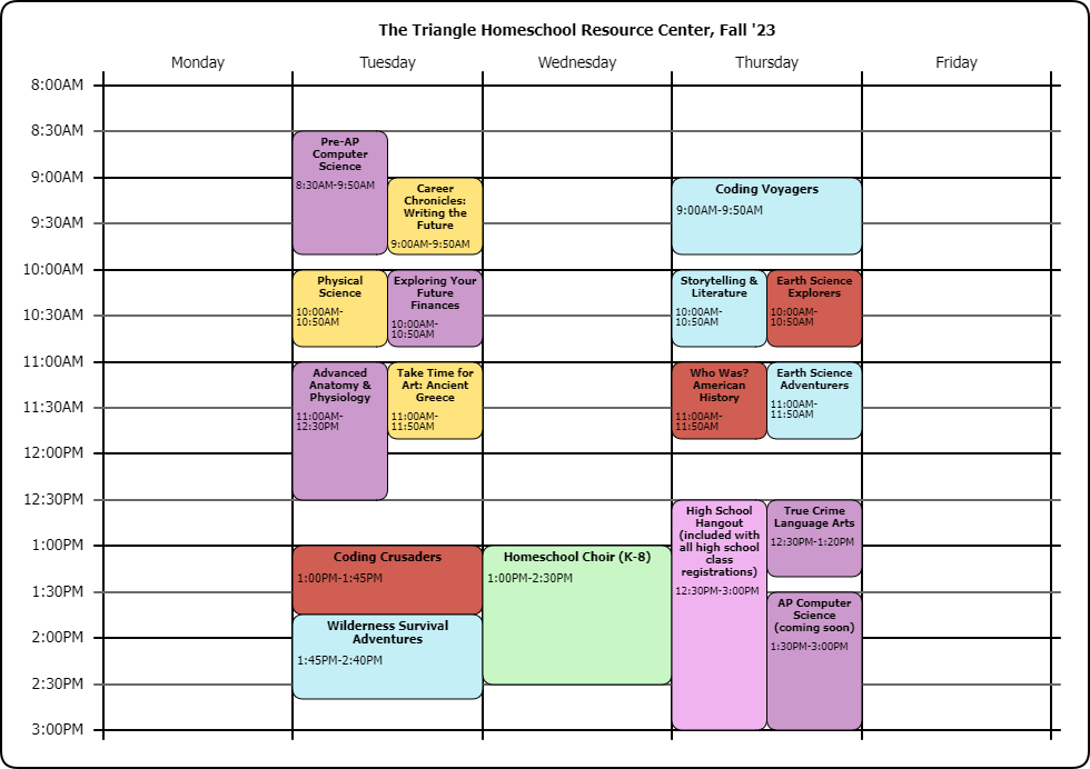 Visual planner-style view of fall class schedule
